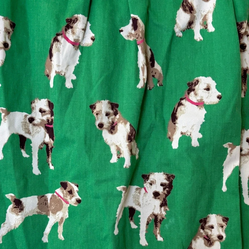 Mini Boden Green Dog Print Dress 6-7 Cute Puppy Dress Sleeveless A-line EUC